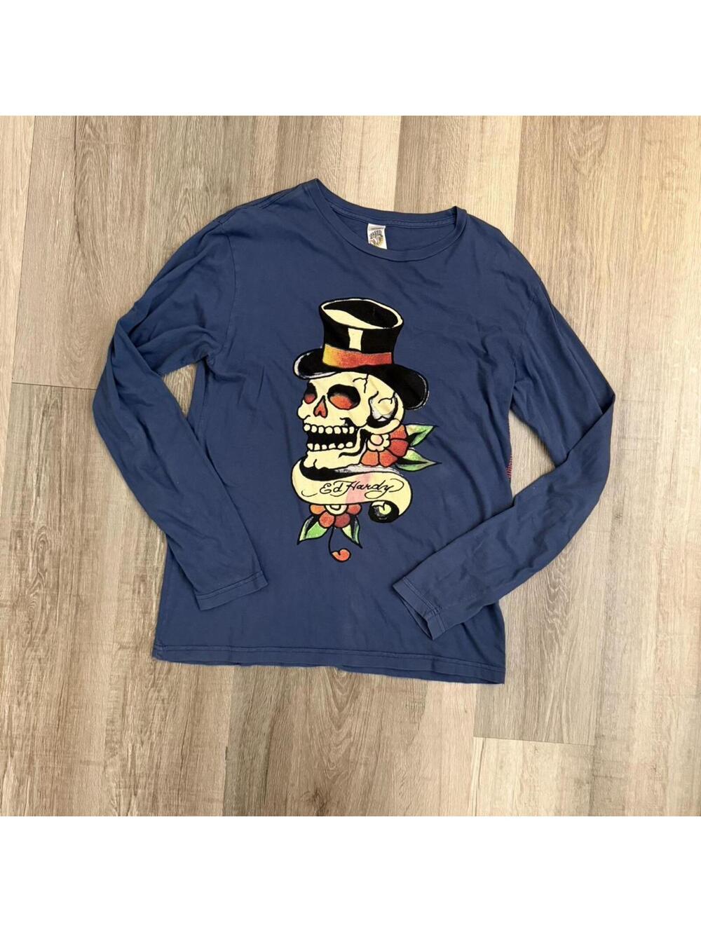 Vintage Ed Hardy long sleeve shirt with skull roses graphic, size L #skull